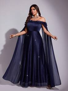 Viva Relle 大码优雅露肩披肩袖连衣裙，适合派对穿着 - 藏蓝色 - 查看 1