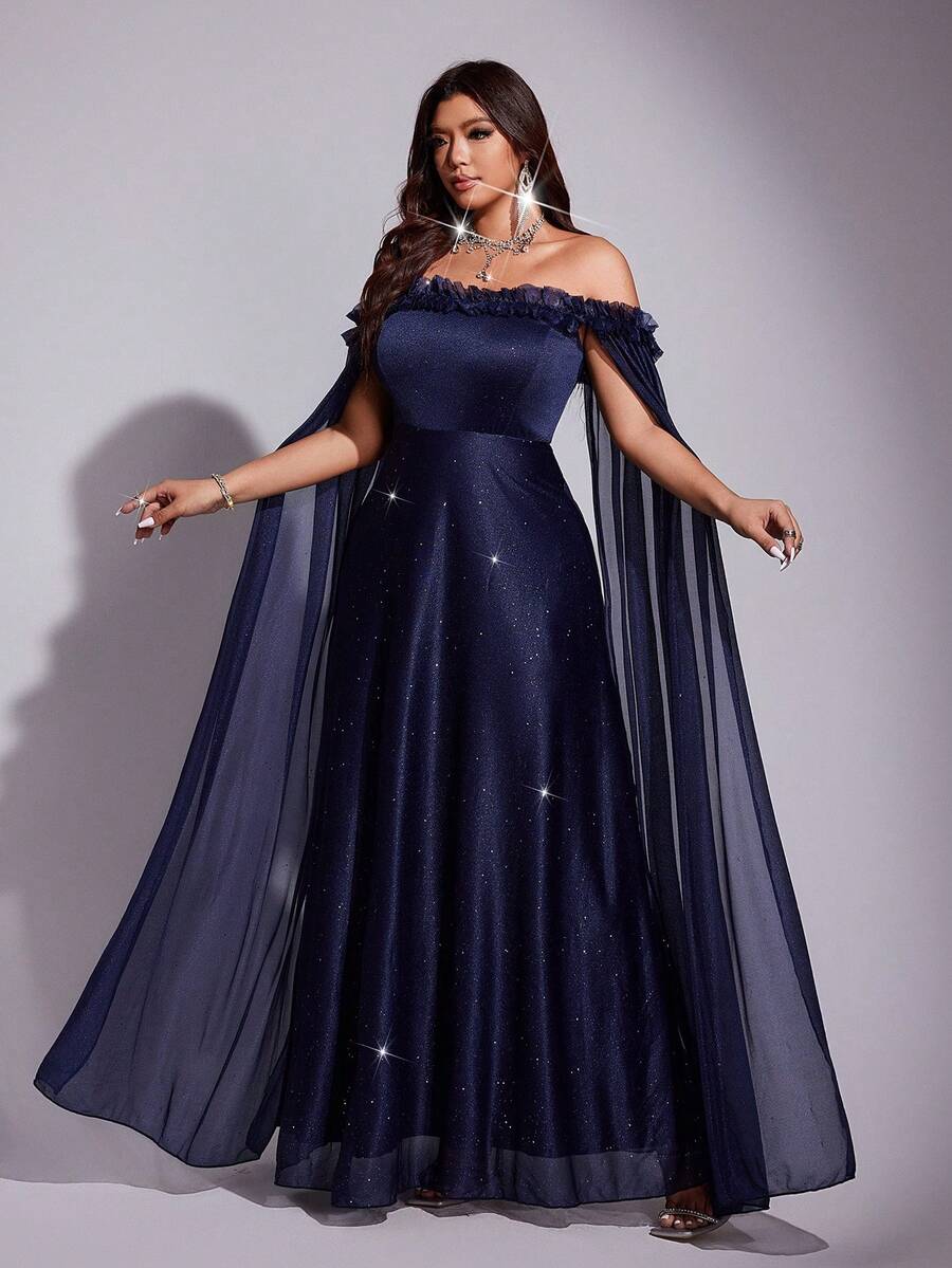 Viva Relle 大码优雅露肩披肩袖连衣裙，适合派对穿着 - 藏蓝色 - 查看 1