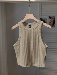 Comfortcana Áo ba lỗ chải gân trơn dành cho nữ, thích hợp mặc hàng ngày - Màu be - Xem 4