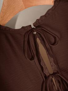CosyJoli Plus Size Women V-Neck Contrast Lace Tie Back Long Sleeve Loose Blouse Spring - Coffee Brown - View 5