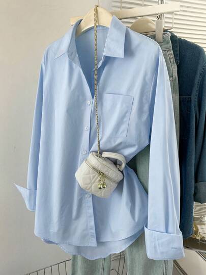 INAWLY Plus Size Solid Color Front Button Long Sleeve Pocket Casual Shirt Fall Cloth For Women