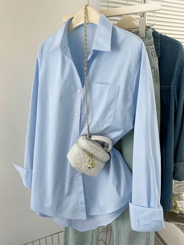 INAWLY Plus Size Solid Color Front Button Long Sleeve Pocket Casual Shirt Fall Cloth For Women