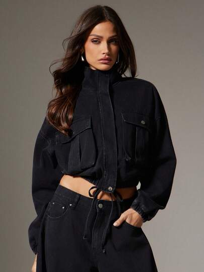 Denimoi Cinched Waist Cropped High Neck Zip Front Drop Shoulder Denim Jacket Fall & Winter