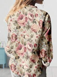 INAWLY 复古花卉亚麻质感衬衫，花卉女式衬衫，牡丹花衬衫，浪漫夏季衬衫，女士礼物 - 彩色 - 查看 2