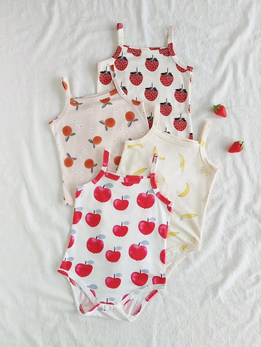 Vintaside Kids 4pcs/Set Baby Girl Summer Casual Fruit Print Bodysuit Outfit - Multicolor - View 1