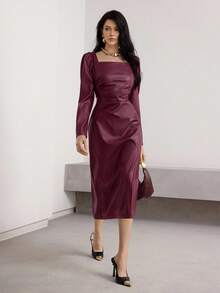 Heiryn 女士时尚优雅 PU 皮革方领中长连衣裙 - 紅木色 - 查看 7