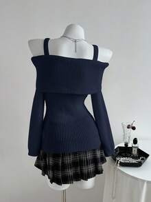 Elamini Áo len lệch vai tay dài cài nút hình trái tim màu trơn dễ thương và gợi cảm dành cho nữ - Màu xanh hải quân - Xem 2