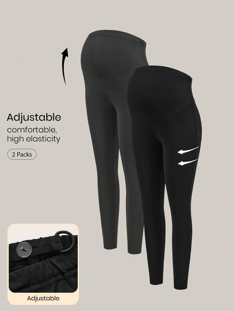 Modmama 2 件孕妇纯色弹力腰紧身裤，秋冬款，高弹力紧身裤 - 深灰色 - 查看 1