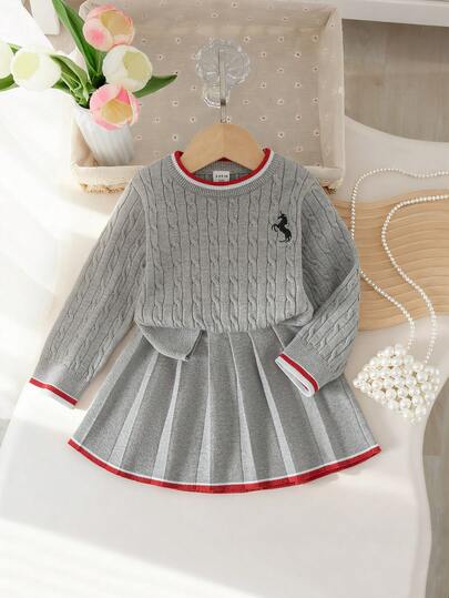 SHEIN Baby GirlRound Neck Long Sleeve Set With Pleated Skirt & Cute Embroidery, Casual Style Grey Baby Dress Dress Christmas For Baby Girl Toddler Girl Clothes Grey Baby Girl Long Sleeve Dress Baby Girl Clothes Spring Fall Babygirl Skirt Sets Two Piece Winter Outfits For Toddler Girl Toddler Girl Skirt Set Knit Two Piece Toddler Baby Girl Knitted Outfits 2pc Baby Girl Knitted Outfit Babygirl Skirt Sets Baby Skirt Set Baby Girl Long Sleeve Dress Baby Girl School Clothes Baby Girl Grey Dress