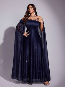 Viva Relle 大码优雅露肩披肩袖连衣裙，适合派对穿着 - 藏蓝色 - 查看 3