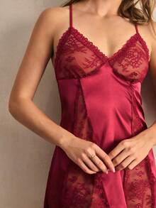 Charlaine Damen Kontrast Spitze Sexy Mode Trägerhemd Nachthemd - Rot - Übersicht 7