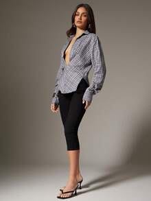 Denimoi Casual Long Sleeve Women's Twisted Front Low Neck Plaid Top - Grey - View 3