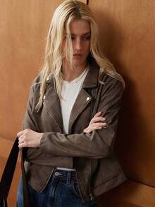 Écloséra Elegant Retro Brown Fashion Asymmetrical Collar Four-Button Long Sleeve PU Zipper Thin Jacket For Women, Spring/Autumn - Coffee Brown - View 3