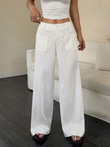 Flirla Women's Low Waist Striped Retro Versatile Wide Leg Pants With Pockets Fall Cloth For Women - White - View 1