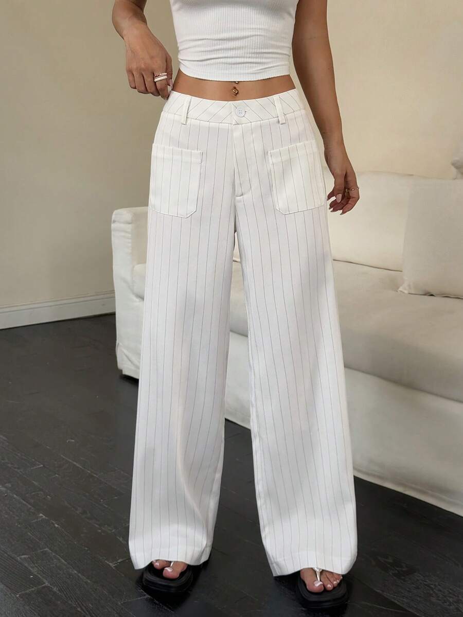 Flirla Women's Low Waist Striped Retro Versatile Wide Leg Pants With Pockets Fall Cloth For Women - White - View 1