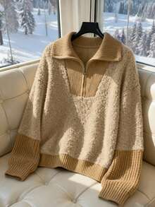 Franclia Women's Casual Loose Fit Half-Zip Long Sleeve Sweater, Autumn/Winter - Camel - View 1