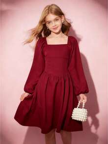 Tween Girls' Long Sleeve A-Line Dress, Halloween Casual Elegant Cute Maxi Dress, White Short Dress, Suitable For Spring, Summer, Autumn, Outdoor, Vacation, School Dark Red Dress Teen Girls Burgundy Girl Dress Maroon Dress For Girl Teen Girls Elegant Long Sleeve Dresses Puff Sleeve Dress - Burgundy - View 5