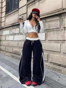 Coolane 男女夏季锐舞节街头休闲运动裤，撞色条纹纹理装饰，弹性腰带，深蓝色和黄色阔腿运动裤 - 黑與白 - 查看 2