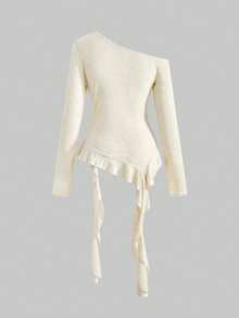 ROMWE Grunge Punk Y2K Babe Asymmetric Hem English Print Asymmetrical Shoulder Women Top - Apricot - View 2