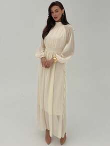 Aloruh 女士休闲纯色长袖收腰连衣裙 - 米色 - 查看 4