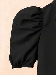 SHEIN Blusa elegante de verano tejida en negro para niñas preadolescentes, blusa formal de regreso a la escuela con mangas abullonadas y lazo desmontable, camisa para cubrir y uso diario en desplazamientos - Negro - Ver 4