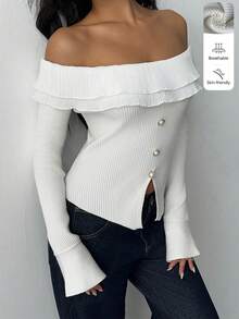 SHEIN MOOSTA Suéter sexy y versátil de manga larga con hombros descubiertos, de unicolor y con detalle de costillas - Albaricoque - Ver 1