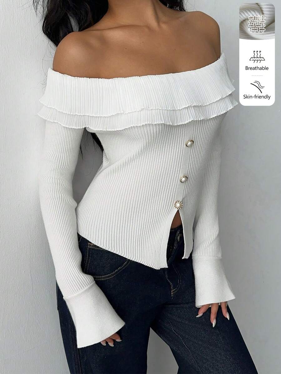 SHEIN MOOSTA Suéter sexy y versátil de manga larga con hombros descubiertos, de unicolor y con detalle de costillas - Albaricoque - Ver 1