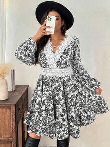 SHEIN Frenchy Abito elegante da pendolare con patchwork in pizzo floreale, taglia comoda, autunnale - Grigio - Visualizzare 6