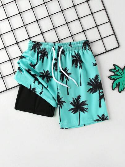 SHEIN Young Boys Swimwear In Random Coconut Tree Print, Made Of 4-Way Stretch Fabric Boys Swim Trunks Boys Swim Shorts Tween Boys Swimwear Boys Bathing Suits Boys Swim Trunks With Compression Liner 4-Way Stretch Quick Dry Bathing Suit Toddler Beach Shorts