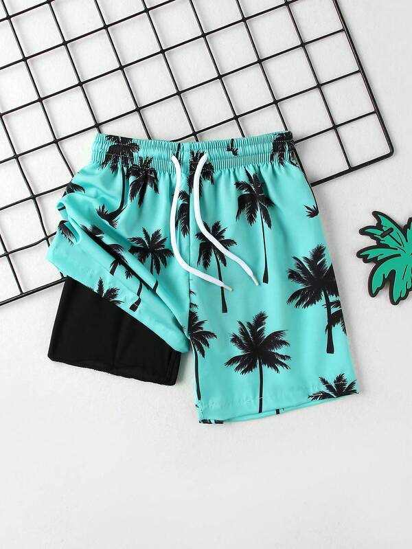 SHEIN Young Boys Swimwear In Random Coconut Tree Print, Made Of 4-Way Stretch Fabric Boys Swim Trunks Boys Swim Shorts Tween Boys Swimwear Boys Bathing Suits Boys Swim Trunks With Compression Liner 4-Way Stretch Quick Dry Bathing Suit Toddler Beach Shorts