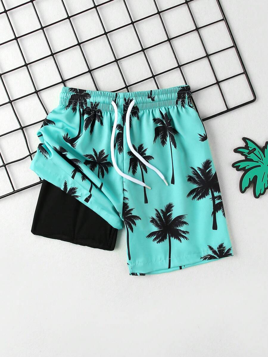 SHEIN Explorewe Young Boys Swimwear In Random Coconut Tree Print, Made Of 4-Way Stretch Fabric Boys Swim Trunks Boys Swim Shorts Tween Boys Swimwear Boys Bathing Suits Boys Swim Trunks With Compression Liner 4-Way Stretch Quick Dry Bathing Suit Toddler Beach Shorts - Multicolor - View 1