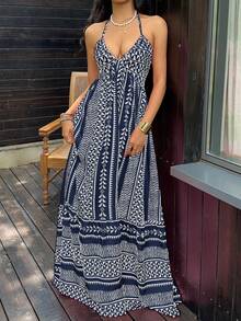 SHEIN Unity 粉色数码印花修身露背系带连衣裙，法式V领沙滩度假风 - 彩色 - 查看 4