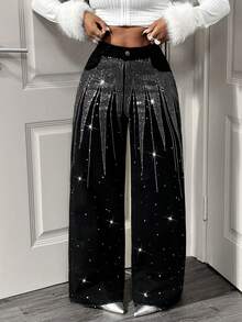 Slaydiva Women's High Waist Pockets Rhinestone Embellished Wide Leg Loose Casual Versatile Jeans - Black - View 3