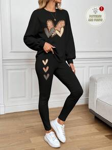 SHEIN LUNE Bộ 2 áo nỉ nữ cổ tròn tay dài in họa tiết vá, mặc dạo phố, mùa đông - Nhiều màu - Xem 1