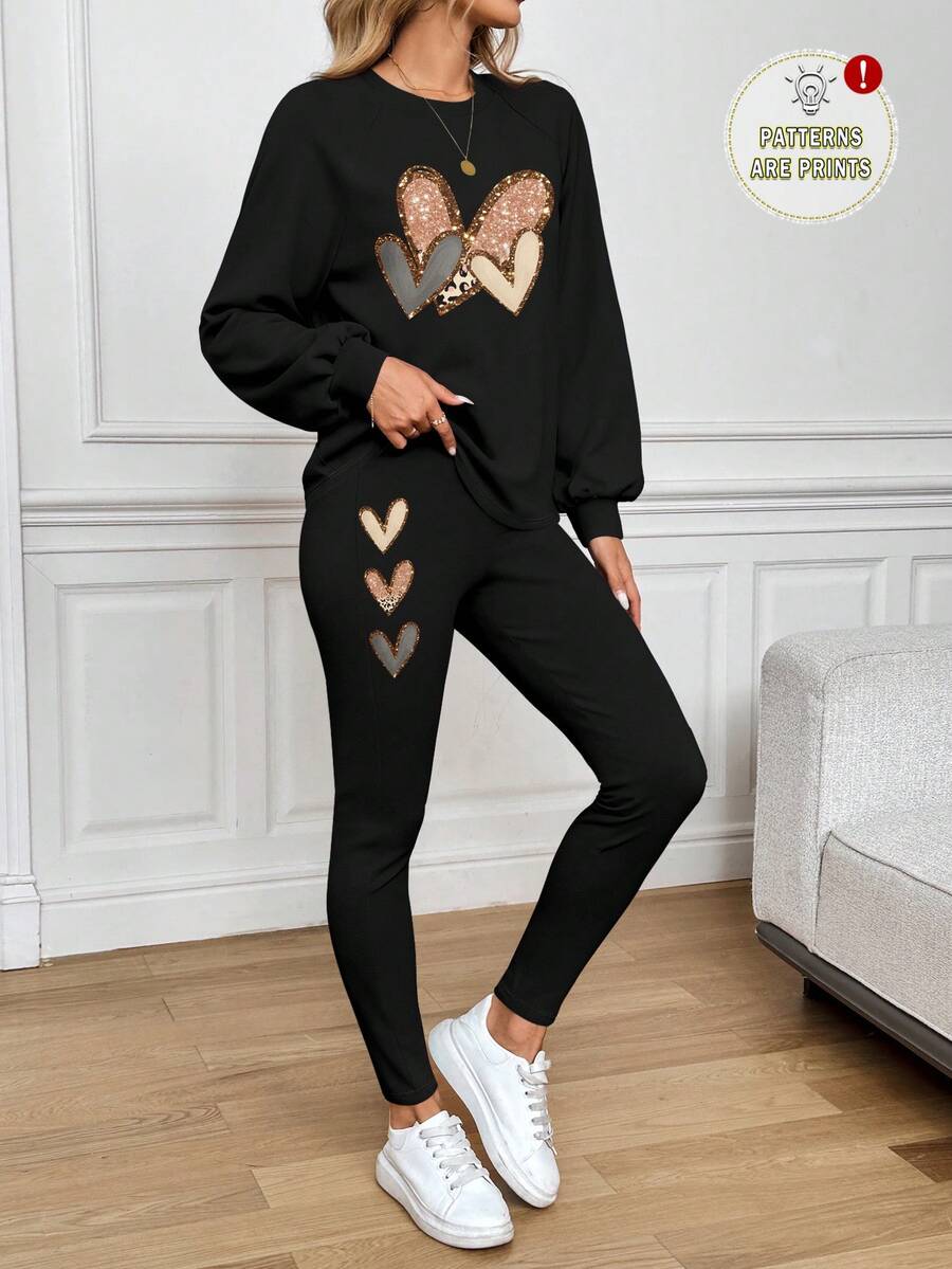 SHEIN LUNE Bộ 2 áo nỉ nữ cổ tròn tay dài in họa tiết vá, mặc dạo phố, mùa đông - Nhiều màu - Xem 1