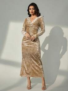 Bluhae Vestido elegante de fiesta sexy con cuello en V, manga larga fruncida y cintura, otoño/invierno - Champán - Ver 3