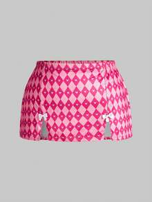 ROMWE Kawaii 3件套加大码菱形格纹蕾丝钢圈文胸、项链和印花裙套装 - 玫紅色 - 查看 5