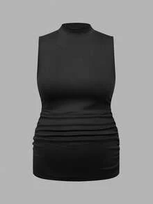 Modmama Top bez rękawów dla kobiet w ciąży w jednolitym kolorze, ze stójką, prosty, swobodny, marszczony - Wielokolorowe - Zobacz 3