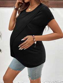 Modmama Maternity Solid Color Round Neck Short Sleeve Nursing Top - Black and White - View 5