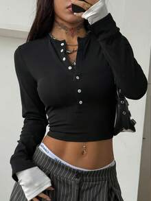 Coolane 女士秋冬基本款日常穿搭必备单品 音乐会 锐舞 音乐节 外出 修身袖口设计长袖T恤 - 黑色 - 查看 2