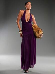 Normani Romantic Date Party Eggplant Purple Mesh Deep V Backless Tie Ruched Mesh Dress For Women - Red Violet - View 4