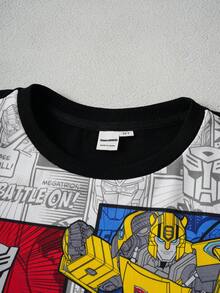Transformers X SHEIN Set de sudadera y pantalón de chándal de punto con estampado de robot de cuello redondo y hombros caídos para niño preadolescente - Negro - Ver 3