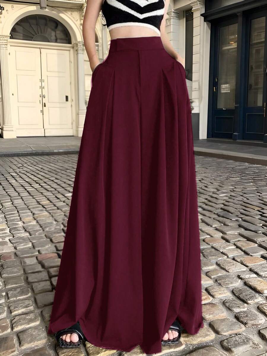 SHEIN EZwear Quần ống rộng xếp ly trơn màu đỏ rượu vang, cỡ lớn - Màu Đỏ Sâu - Xem 1