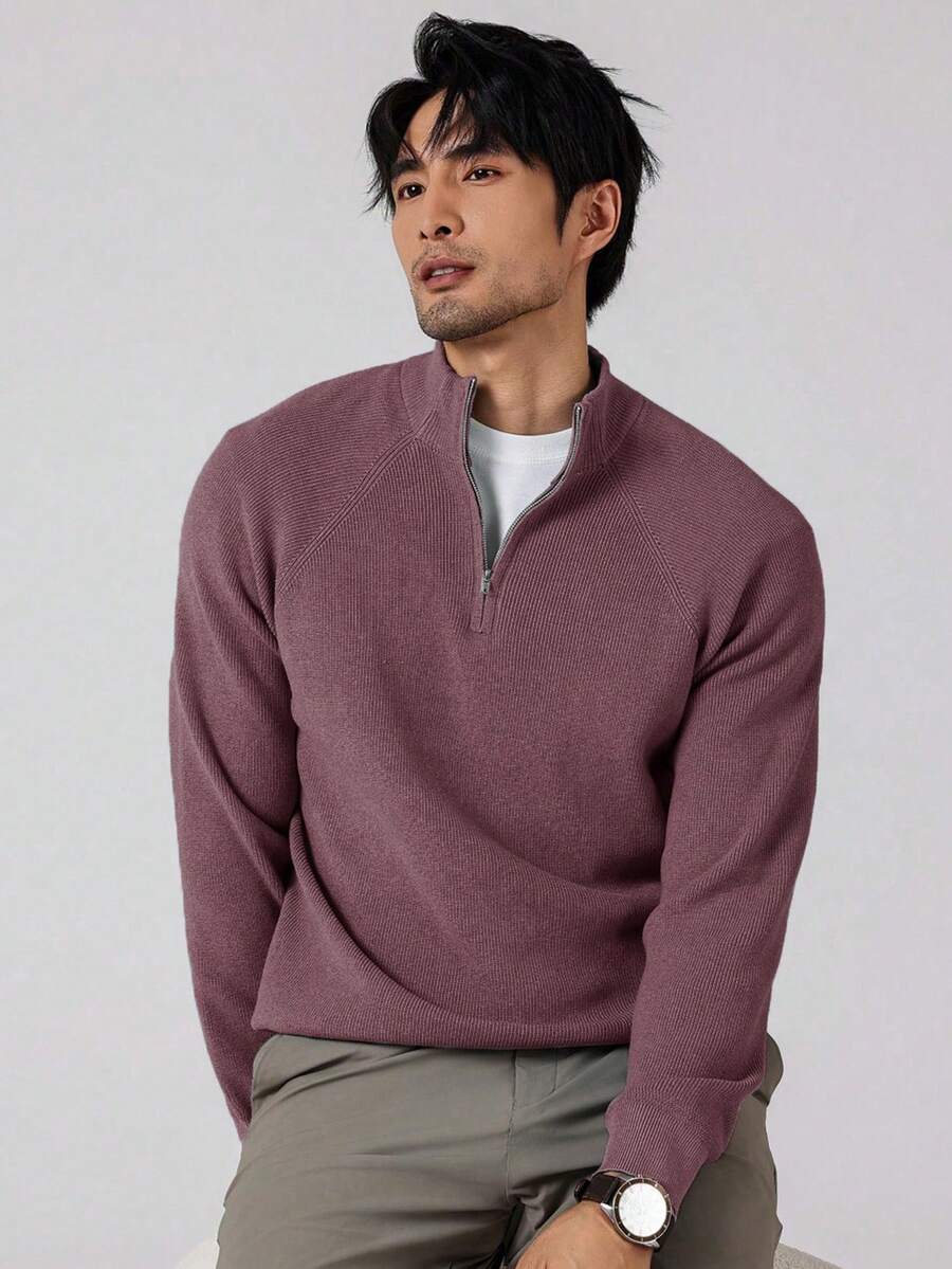 Manfinity Homme Men's Solid Color Raglan Sleeve Half-Zip Casual Knit Pullover Sweater - Lilac Purple - View 1