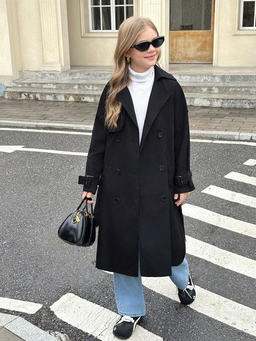 SHEIN Casaco longo folgado com gola dobrável e abotoamento duplo para meninas pré-adolescentes, estilo militar casual, ideal para ir ao trabalho e para atividades ao ar livre, perfeito para a volta às aulas.