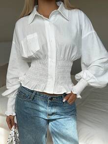 SHEIN EZwear 女士清新纯色收腰长袖衬衫 - 白色 - 查看 4