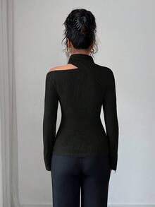 Modelyn 女士斜肩长袖修身休闲T恤，纹理设计，秋冬季款 - 黑色 - 查看 2