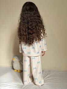 DAZY Young Girl Bow Print Long Sleeve Top And Pants Casual Pajama Set Fall,Winter - Beige - View 2