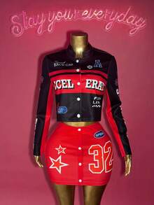 Slaydiva 2025 Winter, New Style, New Year, Valentine's Day, Party, Evening Gathering, Date, Gathering, Birthday Party, Preppy Style, Student Wear, Everyday Outing, Basic Versatile, Casual, Cruise Travel, Influencer Hot Style, Elegant, Commuter, Business Casual, Sexy Club, Y2K, Punk Racing, Girly Cool Motorcycle Style, Small Stand Collar Long Sleeve Letter Print Jacket + Tank Top + Mini Skirt, Winter Set, Christmas Set, New Year Set, Women's Three-Piece Set - Multicolor - View 3