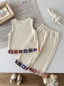 SHEIN 2件套女婴休闲时尚度假风无袖上衣和裤子套装，适合春夏季节、居家、度假、海滩、派对、日常穿着 - 杏色 - 查看 2